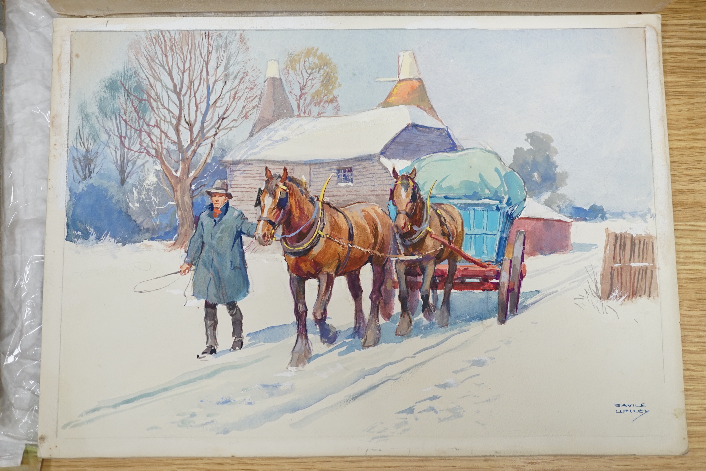 Savile Lumley (1876–1960), four watercolour greeting card designs, Three coaching scenes and Kentish snow scene, signed, 26 x 35cm, unframed